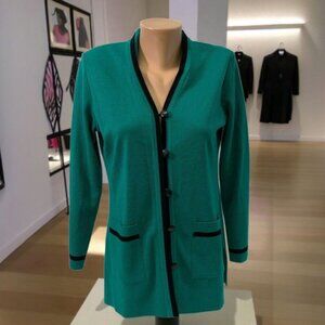 Misook Knit Cardigan Sweater Jacket Small S Emerald Green Black Contrast Trim